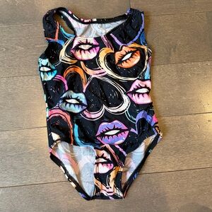 Kids One-Piece Swimsuit — Black with Multicolor Lip Print